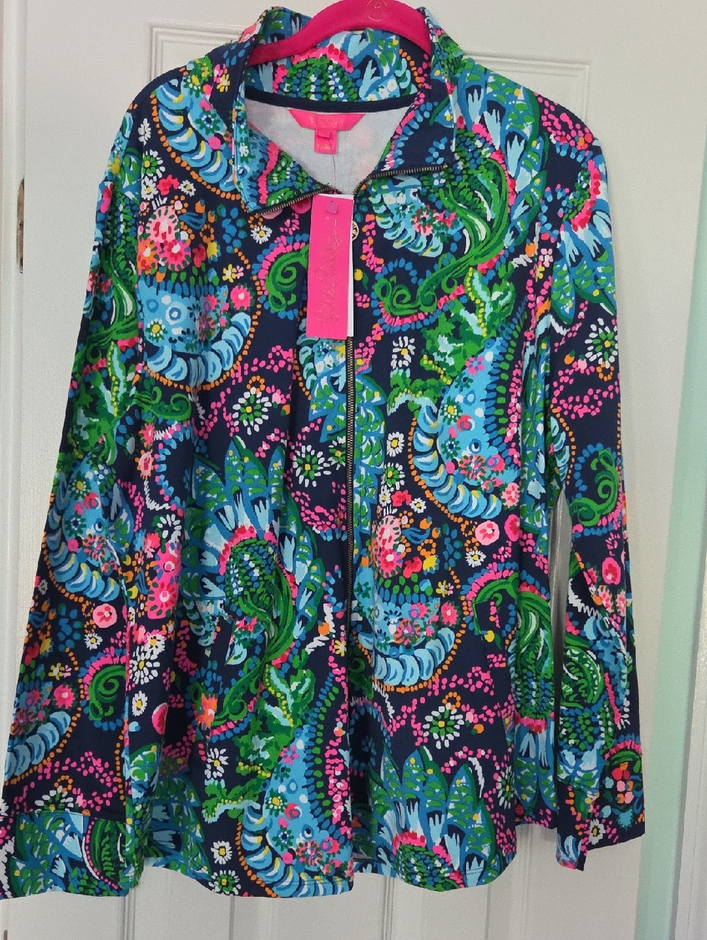 Lilly Pulitzer Navy Floral Paisley Zip Utility Jacket with Pink & Green Accents